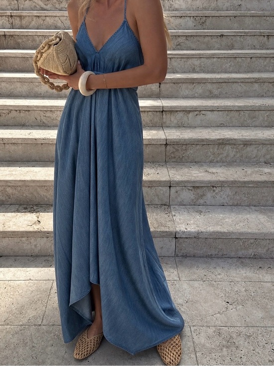 Dresses & Skirts - Denim open back tied waist halter maxi dress